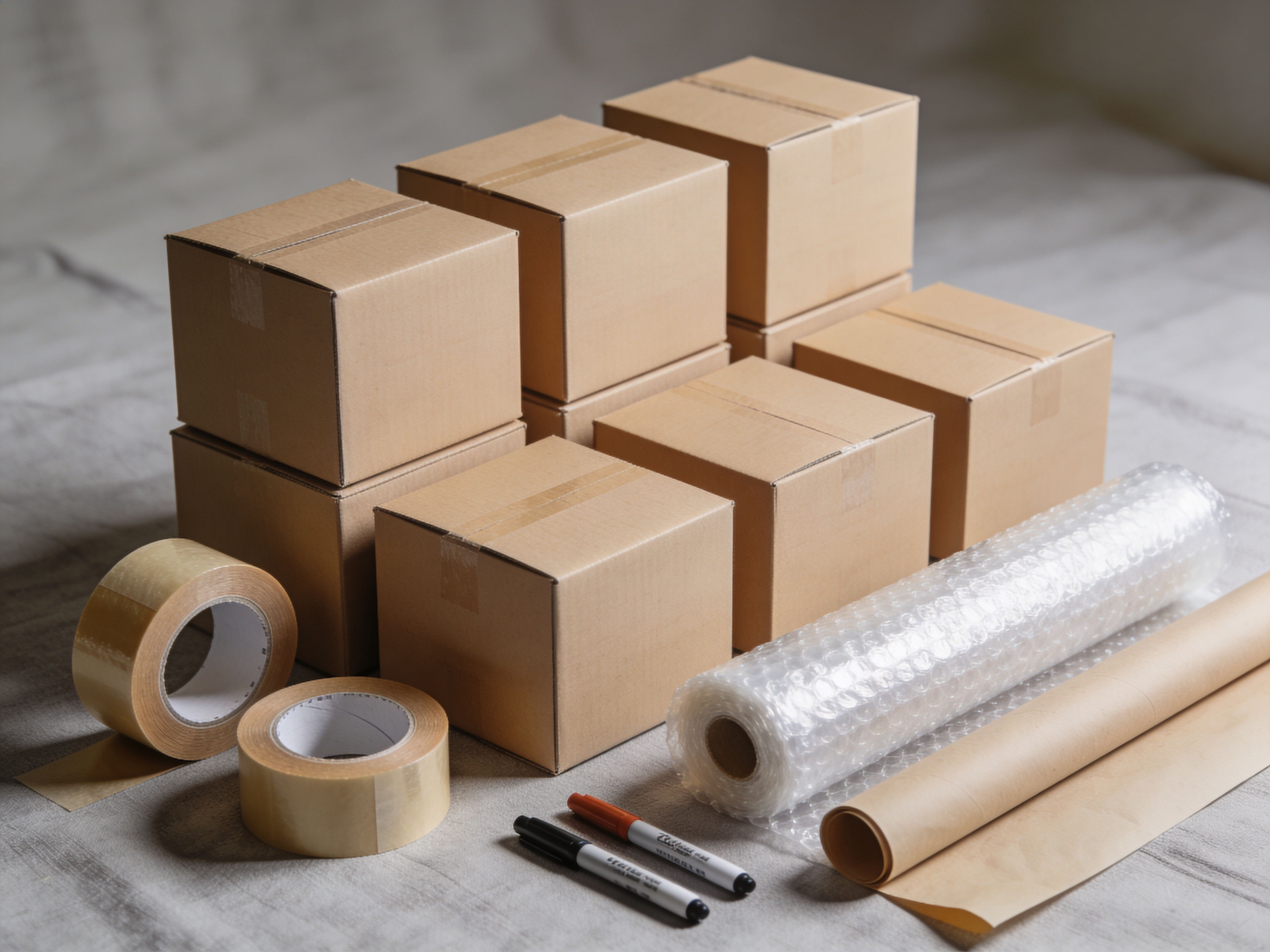 student moving packing materials front view