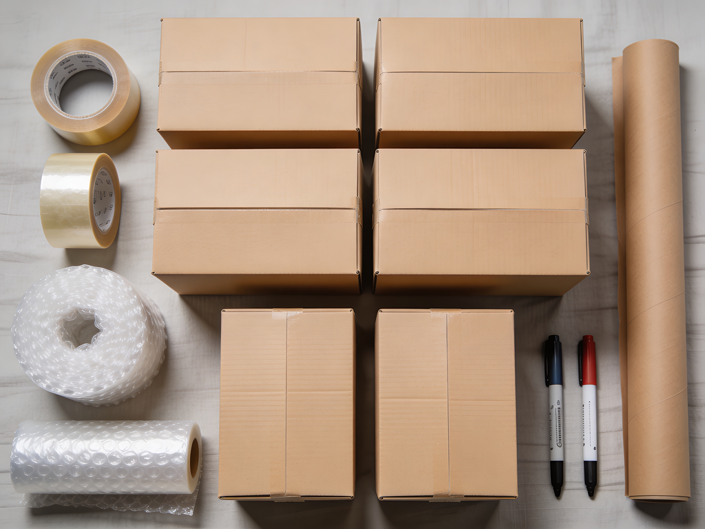 student moving packing materials side view